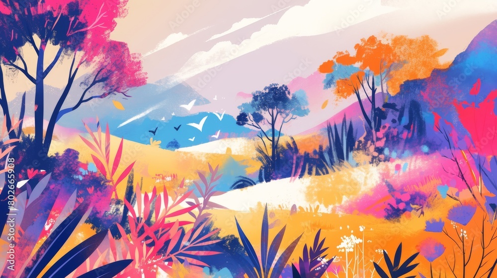 Abstract background with vibrant brush strokes in a colorful nature scene, evoking peace and artistic harmony