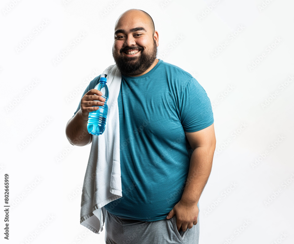 An overweight man with a beard is smiling and holding a bottle of water and a towel, wearing sportswear, isolated on white An overweight man with a beard is smiling and holding a bottle of water and a towel, wearing sportswear, isolated on white