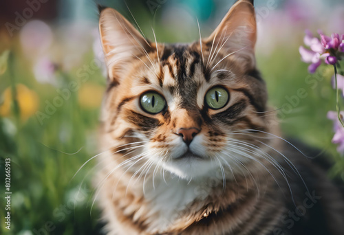 Close-up of a brown tabby cat with striking green eyes, surrounded by colorful flowers in a garden. International Cat Day.