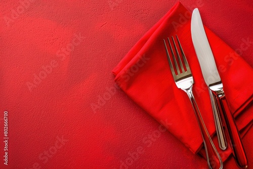 top view with red empty kitchen napkin isolated on table background. Folded cloth for mockup with copy space, Flat lay. Minimal style - generative ai