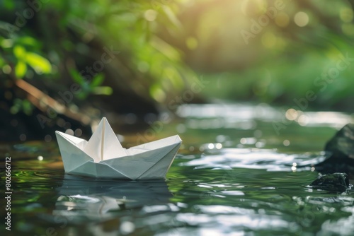 Serene paper boat on a forest stream