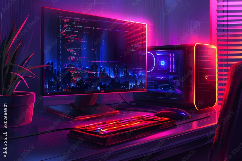 Obraz premium Futuristic gaming setup with neon lights