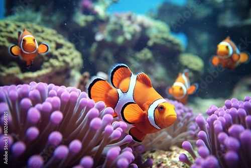 Colorful marine life featuring clownfish among coral and reef in an aquarium