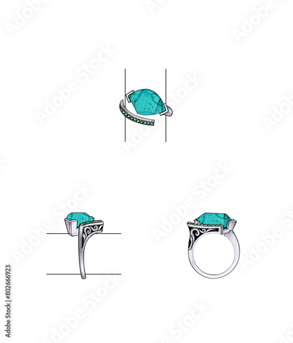 Jewelry design modern art ring set with turquoise and green sapphire sketch by hand on paper.