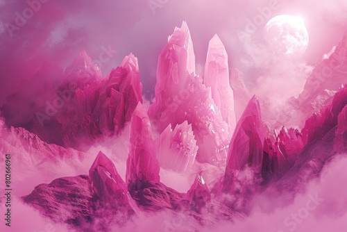Mystic pink crystal mountainscape with moon photo