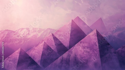 Geometric shapes in shades of purple and pink displayed in a formation reminiscent of mountain ridges against a hazy pastel sky.. photo