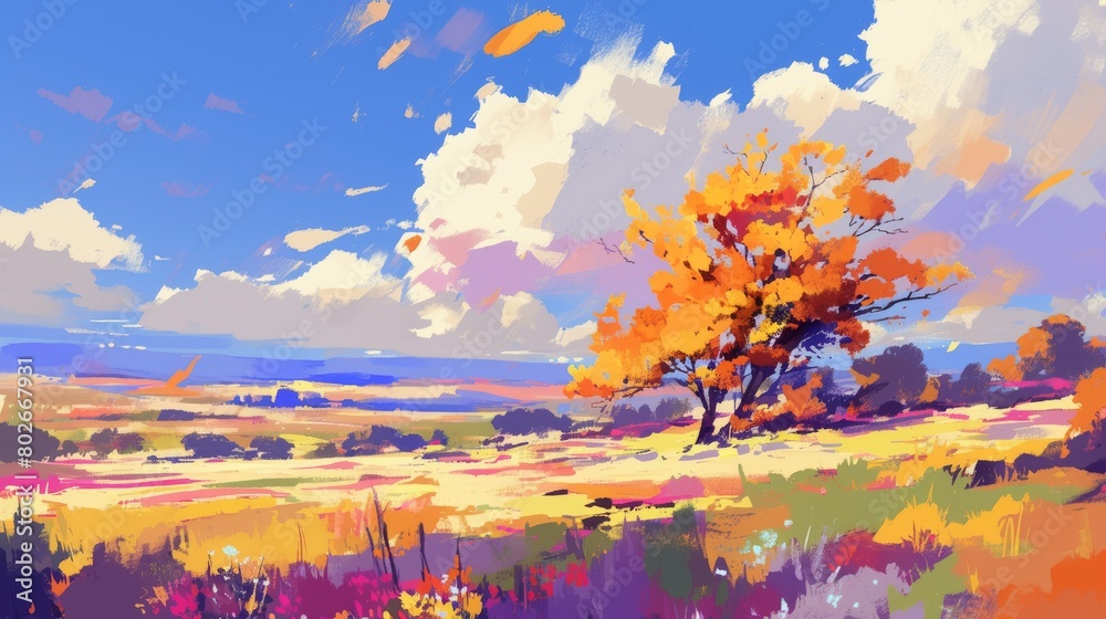 Vibrant abstract landscape with a golden tree against a painted sky and blossoming fields