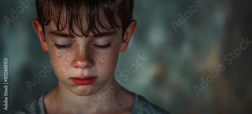 Sorrowful young boy eyes closed with tears streaming down his face.
 photo