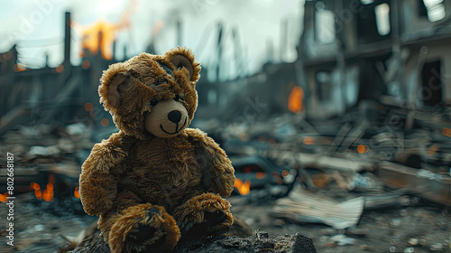 children's teddy bear toy over a burned city, destruction of the consequences of a military