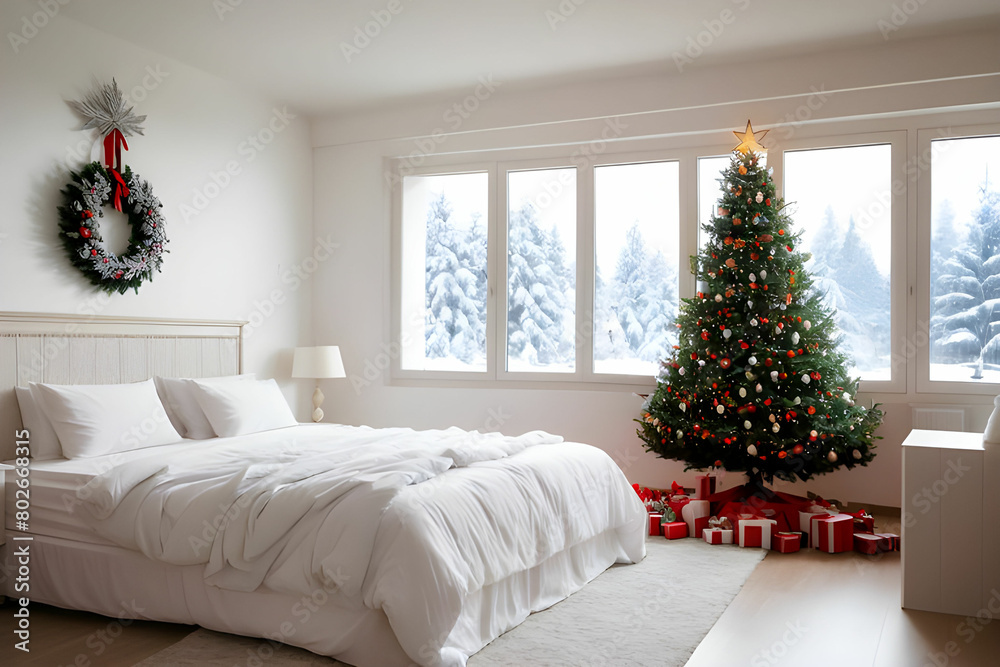decorated room for winter holidays with a large window, a Christmas tree and white bed near it