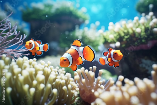 Clownfish swimming in colorful underwater environments with coral and anemones