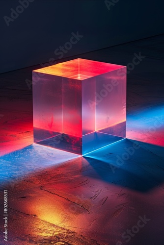 Illuminated glass cube on textured surface