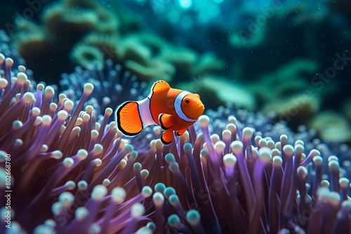 A vibrant underwater scene featuring clownfish swimming among coral and sea anemones in an aquarium setting © masud
