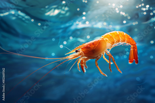 Close-up of a single, fresh shrimp isolated on a underwater background