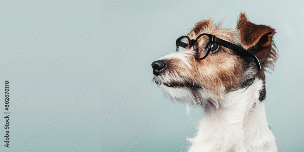 Dog with glasses on a light background