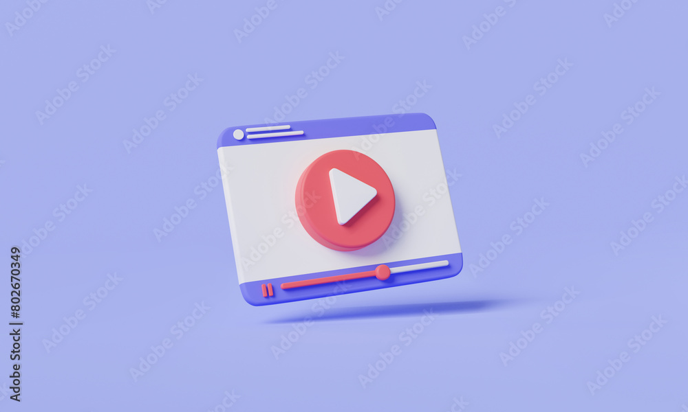 Playing video on website. Live streaming, digital multimedia player, Social media live stream in browser, Online video, multimedia player. video media concept. 3d minimal render illustration Playing video on website. Live streaming, digital multimedia player, Social media live stream in browser, Online video, multimedia player. video media concept. 3d minimal render illustration