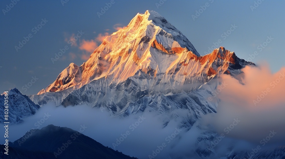  A majestic snowy mountain peak glowing in the golden light of sunrise, showcasing the purity and strength of albinism on International Albinism Awareness Day. 
