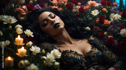 A beautiful woman in a black dress and dark makeup lying in a gloomy atmosphere lily garden symbolizing purity and death, an adult girl on a floral background, generative AI