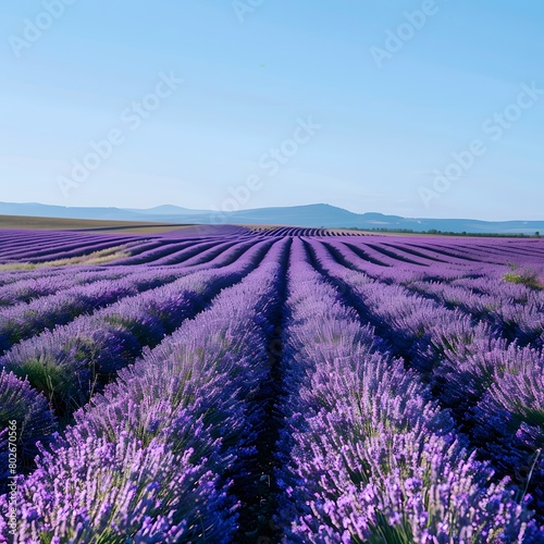Vast lavender field in full bloom under clear blue skies. Tranquil beauty.