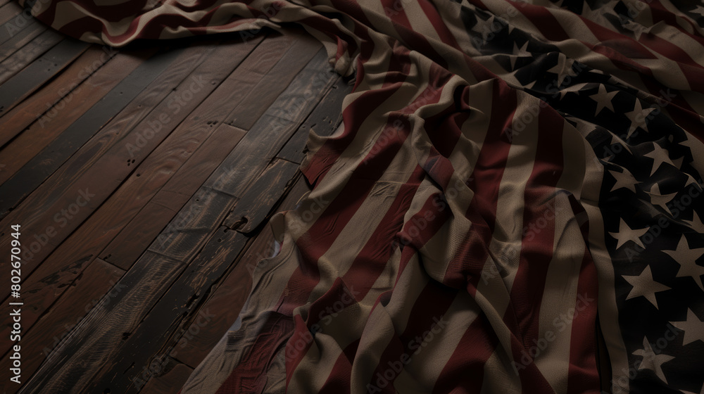 American flag on wooden floor in dark room