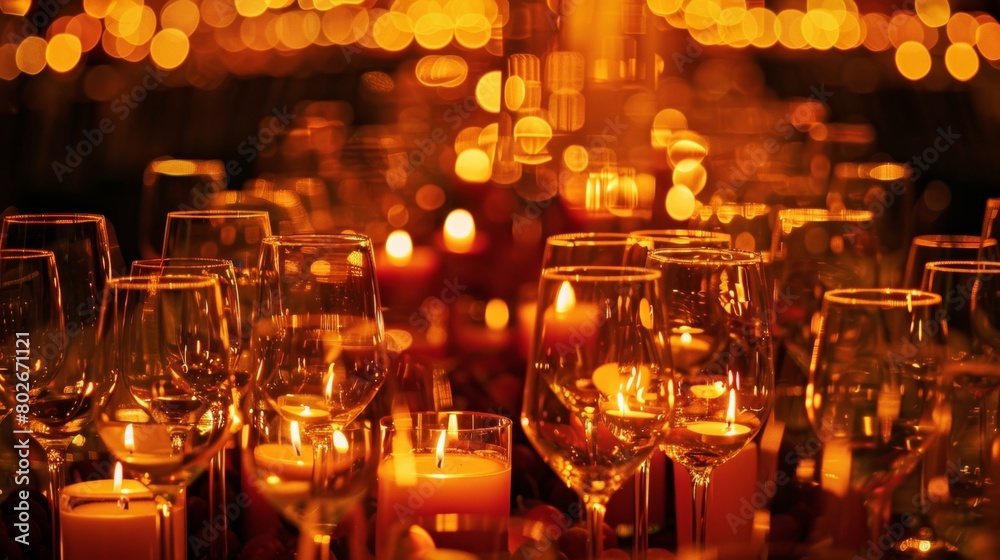 The warm hues of the candles reflect off the surface of the wine glasses creating a mesmerizing firelike effect. 2d flat cartoon. The warm hues of the candles reflect off the surface of the wine glasses creating a mesmerizing firelike effect. 2d flat cartoon.
