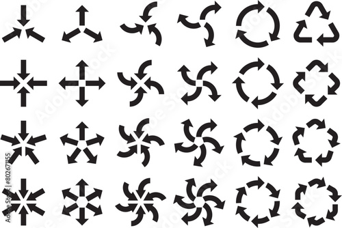 様々な形の集中・拡散・回転する矢印のベクターイラストセット photo