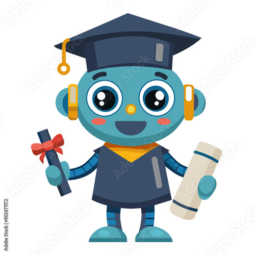 A friendly robot with a graduation cap and diploma
