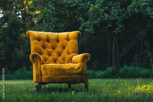 Vintage yellow chair on green grass with trees on background - generative ai © Nia™