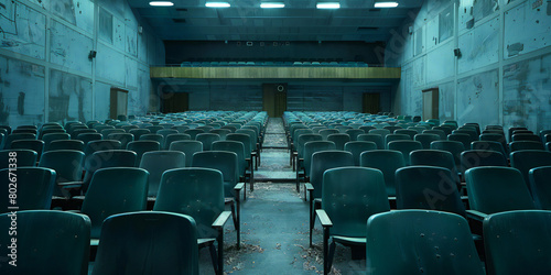 A image of empty seats in a theater or cinema, with rows of chairs awaiting the arrival of an audience for the next performance photo