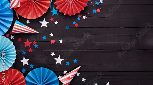 Patriotic decorations on a dark wooden background for holiday photo