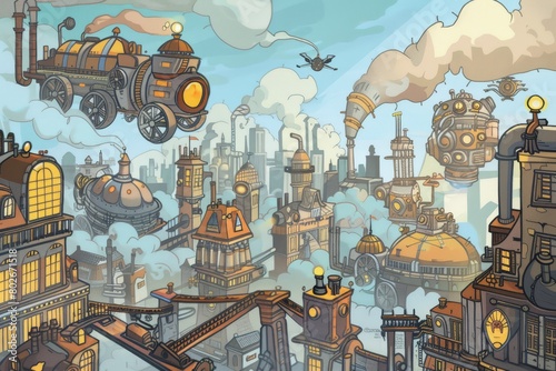 Cartoon cute doodles of a steampunk metropolis, where characters navigate bustling streets filled with steam-powered vehicles and towering skyscrapers, Generative AI