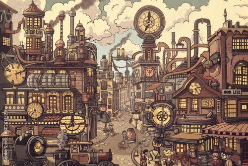 Cartoon cute doodles of a steampunk metropolis, where characters navigate bustling streets filled with steam-powered vehicles and towering skyscrapers, Generative AI