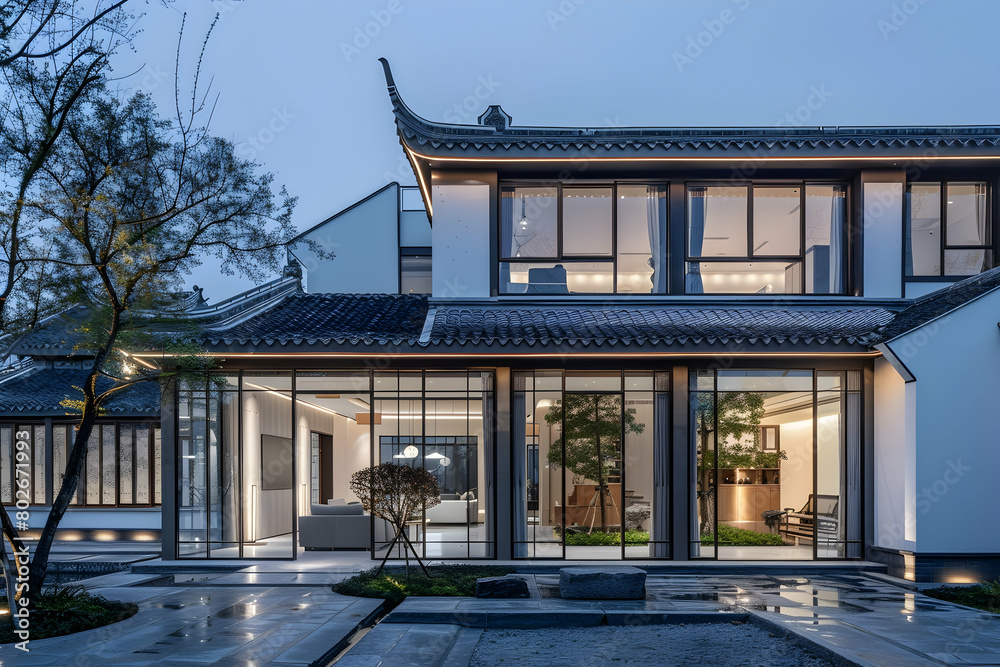 New Chinese style courtyard house, with glass curtain wall exterior walls and a white building color
