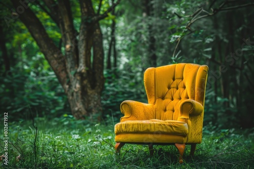 Vintage yellow chair on green grass with trees on background - generative ai © Nia™