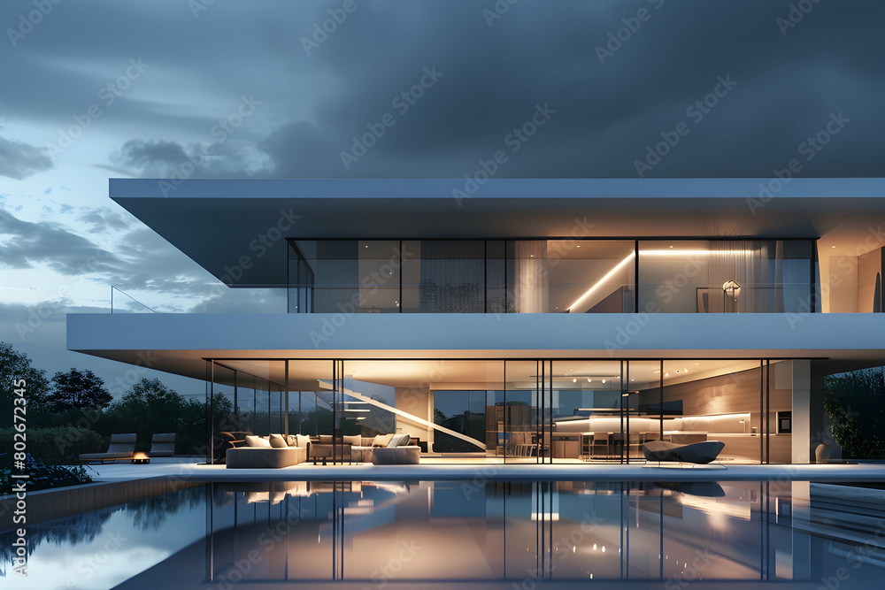 A white modern mansion with large glass windows and infinity pool, overlooking the forest at night