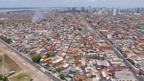 Avenida Bernardo Sayão e Roberto Camelier em Belém, Pará, Brasil no ano de 2016, em dia ensolarado. Tomadas aéreas em vídeo de drone em cima do antigo Iate Clube, nas margens do rio Guamá. photo