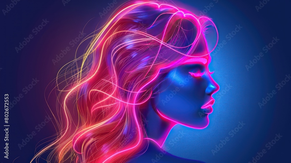 silhouette girl face neon sign, modern glowing banner design, colorful modern design trends on black background.