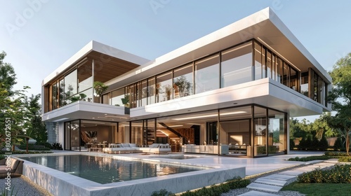 Generate a stunning 3D rendering of a luxurious modern home isolated on Earth with a pristine white background © Meesam