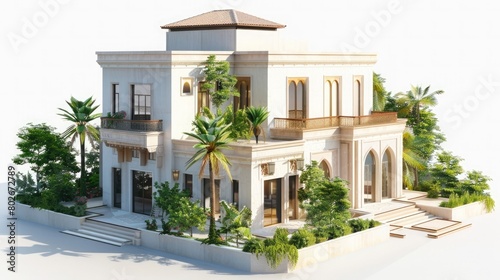 Generate a stunning 3D rendering of a luxurious modern home isolated on Earth with a pristine white background © Meesam