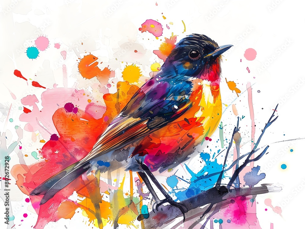 A watercolor painting of a bird with bright red, yellow, and blue feathers.