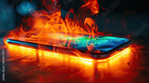 Fireflame on screen from mobile phone lies on table,neon lights,black background photo