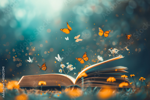An open book lies in a meadow, magical butterflies fluttering from its pages amongst glowing flowers and light