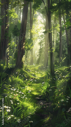 A serene woodland glade with sunlight filtering through the trees  illuminating a carpet of lush green moss and delicate wildflowers