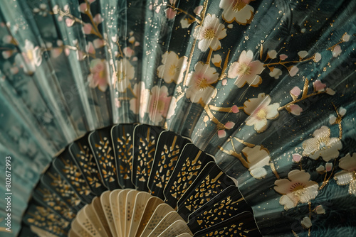 Detailed close-up of a Japanese fan adorned with floral patterns and gold details, set against a patterned backdrop