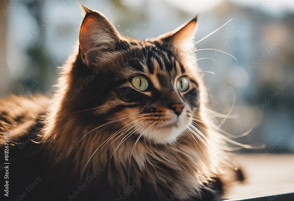 Close-up of a Maine Coon cat with striking green eyes, bathed in warm sunlight. International Cat Day. Close-up of a Maine Coon cat with striking green eyes, bathed in warm sunlight. International Cat Day.