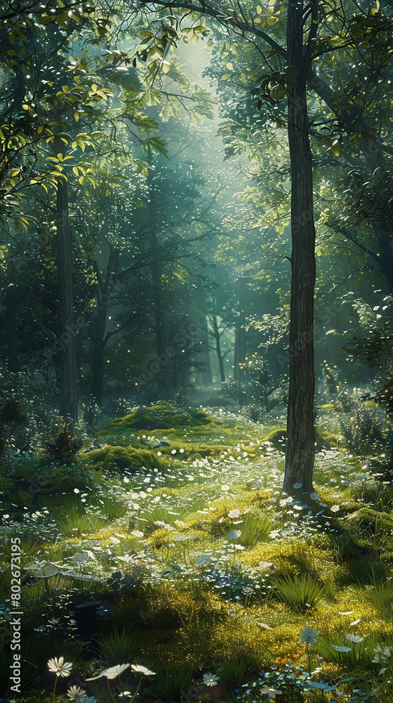 A serene woodland glade with sunlight filtering through the trees, illuminating a carpet of lush green moss and delicate wildflowers