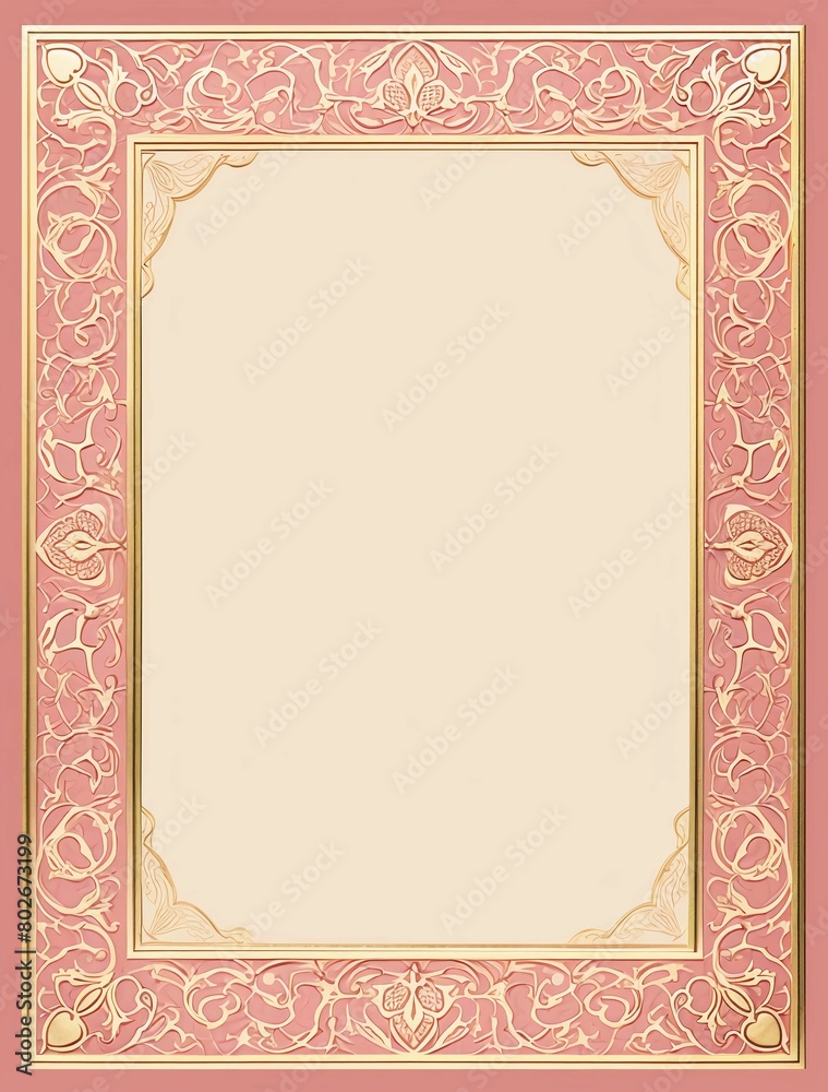 An empty pink and gold frame for an invitation, with intricate designs along the edges of the page