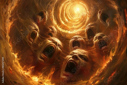 Multiple individuals with mouths agape, caught in a swirling spiral vortex of panic and fear