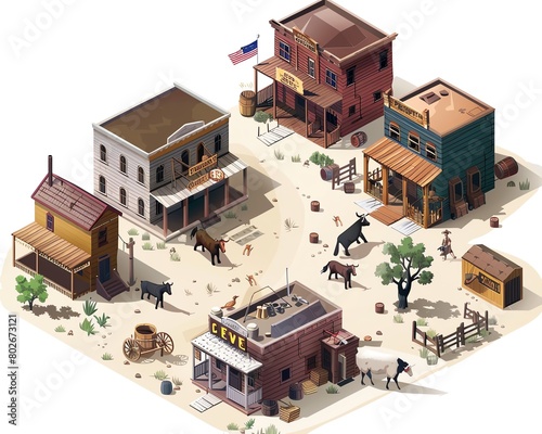 isometric western town with wooden buildings, horses and people photo