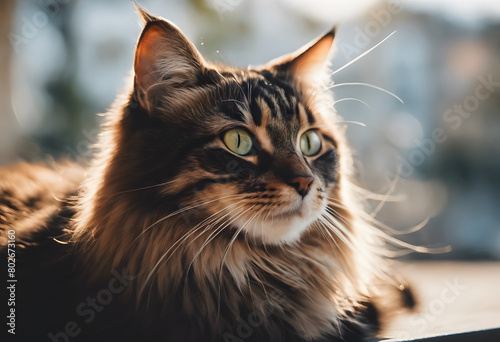 Close-up of a Maine Coon cat with striking green eyes, bathed in warm sunlight. International Cat Day.